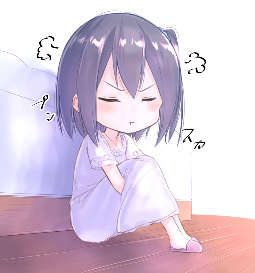 :t angry bed blue_scrunchie blush chibi closed_eyes closed_mouth commentary_request facing_viewer full_body hair_ornament hair_scrunchie highres indoors leg_hug legs_together lingerie negligee no_socks original pout purple_hair scrunchie short_hair short_sleeves sitting slippers solo suzunari_shizuku underwear yuki_arare