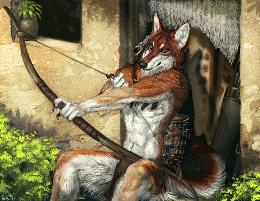 5_fingers anthro arrow black_eyes blue_eyes bow brown_fur canine clothed clothing detailed_background fur holding_object holding_weapon male mammal solo tatchit topless weapon white_fur wolf