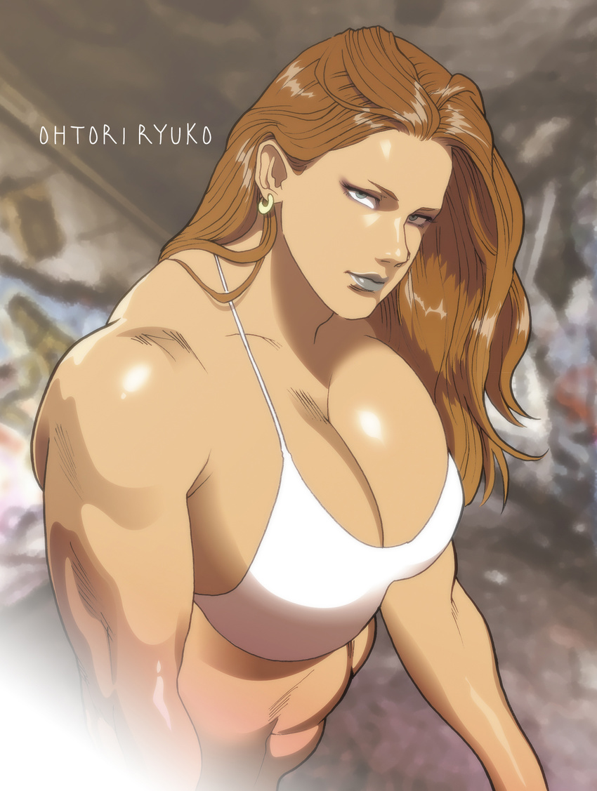 1girl abs abstract_background bikini bikini_top blue_lipstick breasts brown_hair earring grey_eyes large_breasts lens_flare lipstick long_hair looking_at_viewer mousou_tokusatsu_series_ultramadam muscle muscular_female nappii_(nappy_happy) nappy_happy ohtori_ryuko parody shiny_skin solo ultra_series