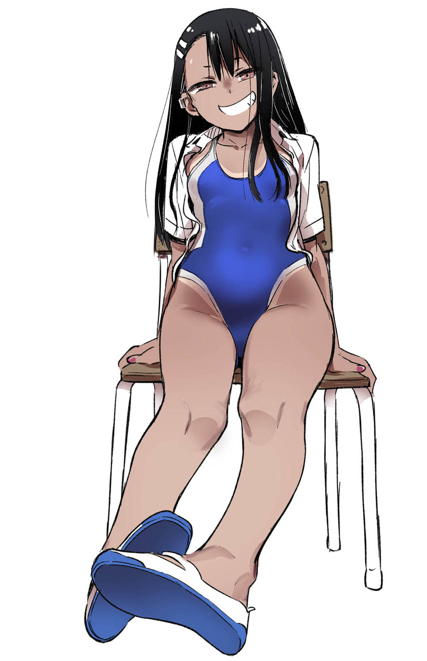 774_(nanashi) bangs black_hair blue_swimsuit brown_eyes chair collared_shirt commentary_request covered_navel dark_skin foreshortening full_body grin hair_ornament hairclip half-closed_eyes highres ijiranaide_nagatoro-san long_hair looking_at_viewer nagatoro nail_polish no_socks one-piece_swimsuit open_clothes open_shirt school_swimsuit shirt shoes short_eyebrows simple_background sitting smile solo swimsuit tan tanline thighs uwabaki white_background white_shirt