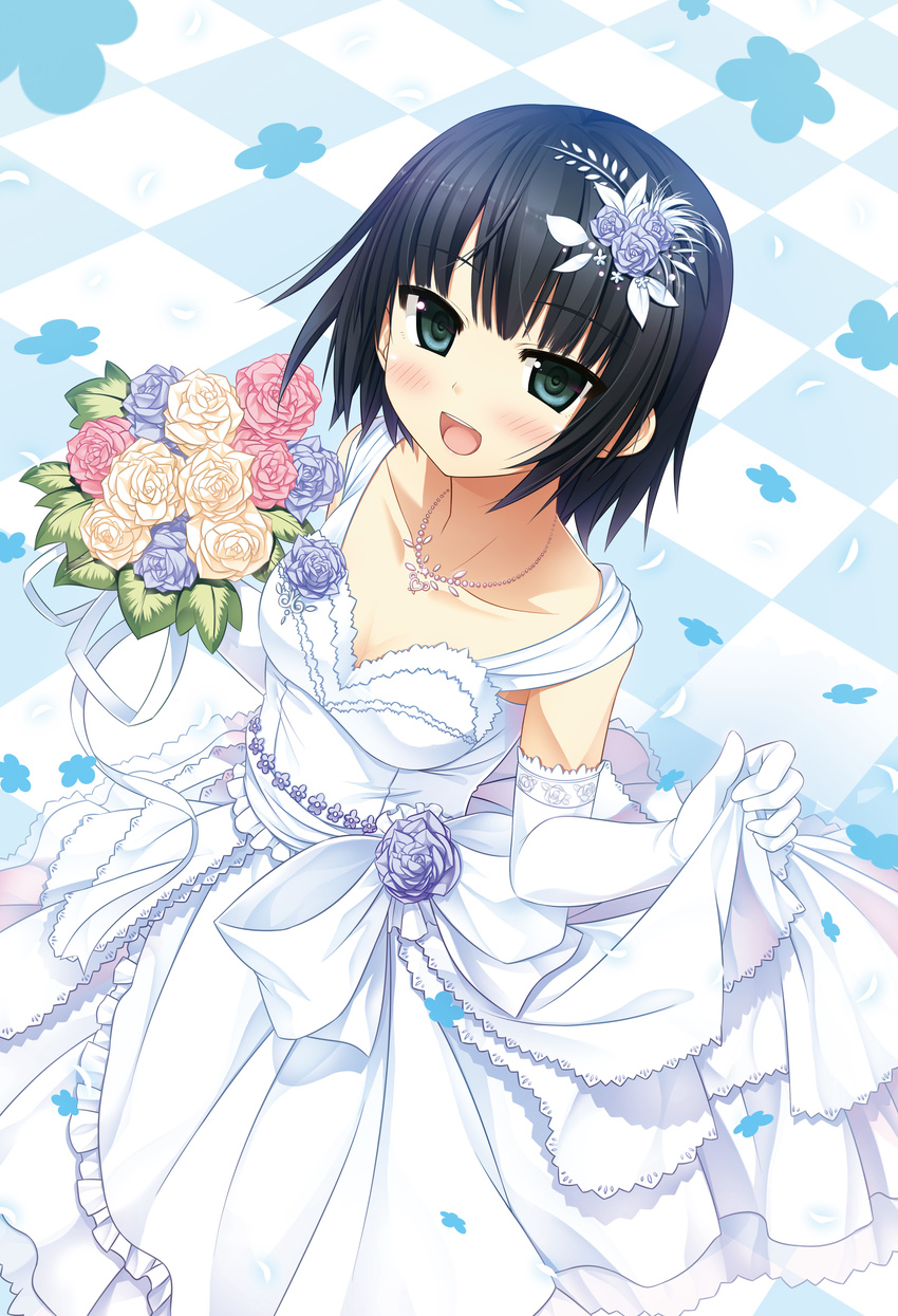 :d absurdres arishima_alice bangs black_hair blue_eyes blue_flower blue_rose blush bouquet cura dress elbow_gloves enty_reward eyebrows_visible_through_hair flower gloves hair_flower hair_ornament hand_up highres jewelry looking_at_viewer monobeno necklace open_mouth paid_reward petals pink_flower pink_rose rose skirt_hold smile solo standing tile_floor tiles wedding_dress white_dress white_gloves yellow_flower yellow_rose