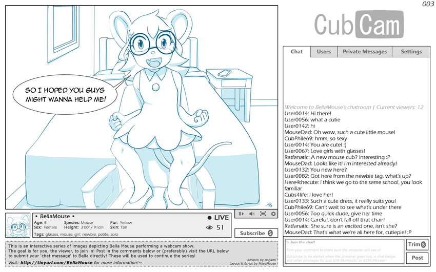 2017 absurd_res anthro aogami bed bedroom bella_mouse_(mileymouse) buckteeth cam_show camgirl chair chat chat_box clothing cub cubcam digital_media_(artwork) english_text excited eyewear female flat_chested footwear glasses hi_res livestream looking_at_viewer mammal mileymouse mouse office_chair recording rodent shoes solo standing teeth text webcam young