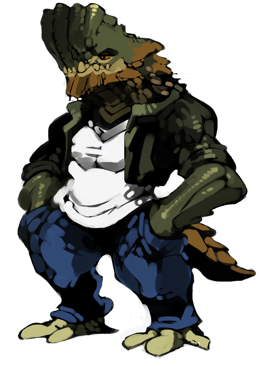 3_toes anthro barroth bittenhard brute_wyvern capcom clothed clothing jacket jeans monster_hunter pants toes video_games