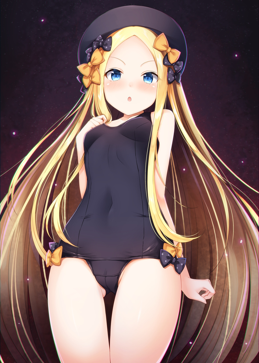 :o abigail_williams_(fate/grand_order) alternate_costume bangs black_bow black_hat blonde_hair blue_eyes bow breasts cameltoe chromatic_aberration covered_navel cowboy_shot fate/grand_order fate_(series) hat highres long_hair old_school_swimsuit one-piece_swimsuit orange_bow parted_bangs polka_dot polka_dot_bow school_swimsuit small_breasts solo sunsuke swimsuit