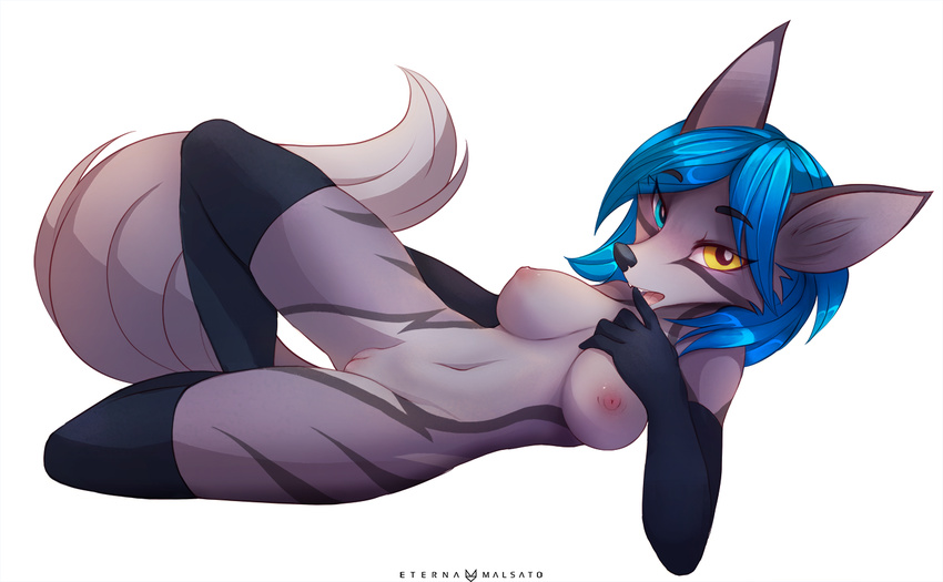 2017 anthro areola armwear bedroom_eyes biped blue_eyes blue_hair breasts canine clothed clothing digital_media_(artwork) elbow_gloves female fennec fox gloves hair half-closed_eyes heterochromia legwear looking_at_viewer lying mammal mostly_nude navel nipples open_mouth pose pussy seductive shaded simple_background soft_shading solo stockings thigh_highs white_background yellow_eyes zero-sum
