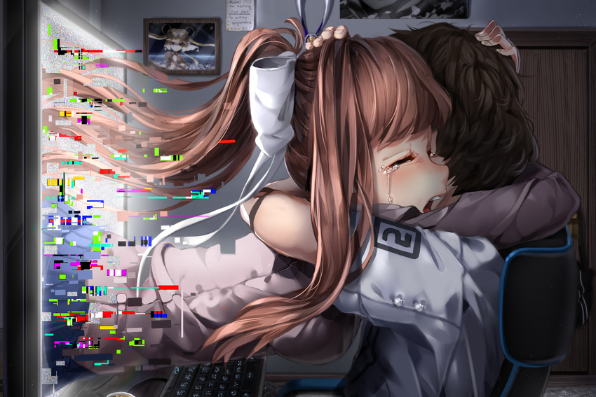 1girl bag bangs blue_skirt bow breasts brown_hair chair closed_eyes coffee coffee_mug commentary computer crying cup doki_doki_literature_club door english_commentary fourth_wall glitch grey_jacket hair_bow hair_ornament hand_on_another's_head highres hug indoors jacket keyboard_(computer) long_hair long_sleeves making_of medal medium_breasts monika_(doki_doki_literature_club) monitor mug office_chair open_mouth paper picture_(object) picture_frame pleated_skirt ponytail protagonist_(doki_doki_literature_club) sasoura school_uniform shirt short_sleeves sidelocks sitting skirt sobbing spoilers star tears teeth through_screen upper_teeth white_bow white_shirt wooden_door