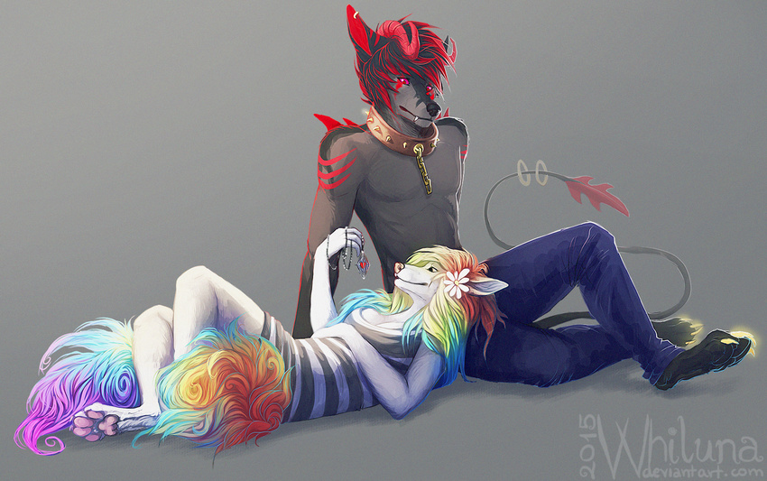anthro chain claws clothing collar demon dress duo female flower flower_in_hair fur grey_fur hair horn jeans jewelry male multicolored_fur multicolored_hair necklace pants paws plant rainbow_fur rainbow_hair red_fur smile whiluna