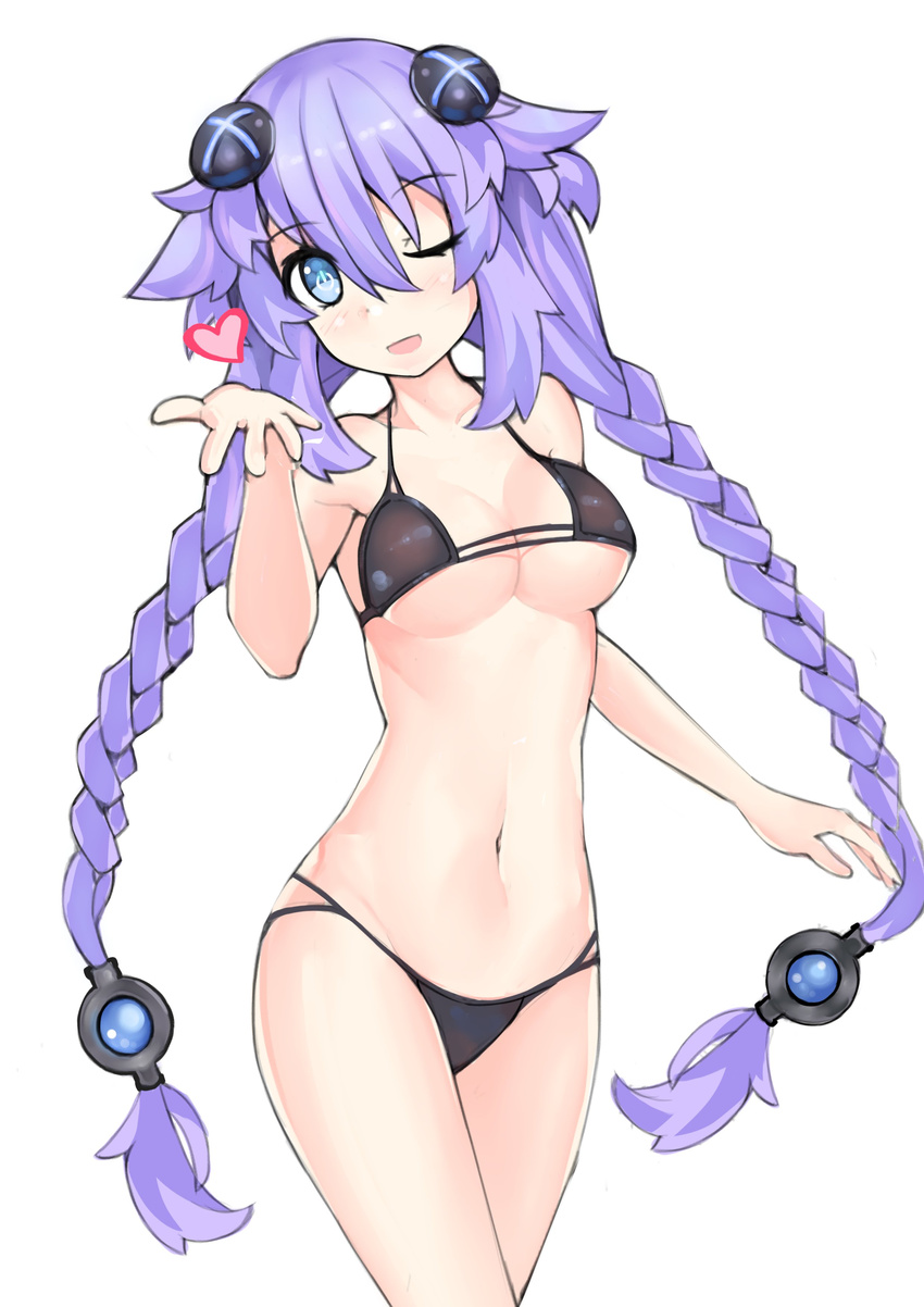 :d absurdres bare_shoulders bikini black_bikini blue_eyes blush braid breasts commentary_request cowboy_shot d-pad headgear heart highres looking_at_viewer medium_breasts navel neptune_(series) one_eye_closed open_mouth power_symbol purerin purple_hair purple_heart simple_background smile solo swimsuit symbol-shaped_pupils twin_braids twintails