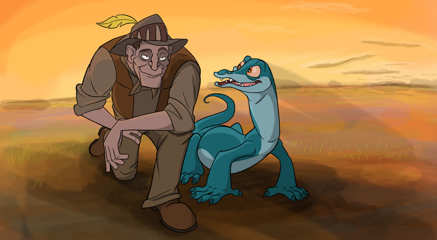 2013 5_fingers boots brown_hair clothed clothing digital_drawing_(artwork) digital_media_(artwork) disney dusk elbow_on_knee feathers fedora feral field footwear goanna hair hand_on_thigh hat human joanna kneeling looking_at_another mammal open_mouth open_smile orange_eyes orange_sclera outback percival_c._mcleach secoh2000 smile spencer's_goanna teal_body the_rescuers the_rescuers_down_under vest
