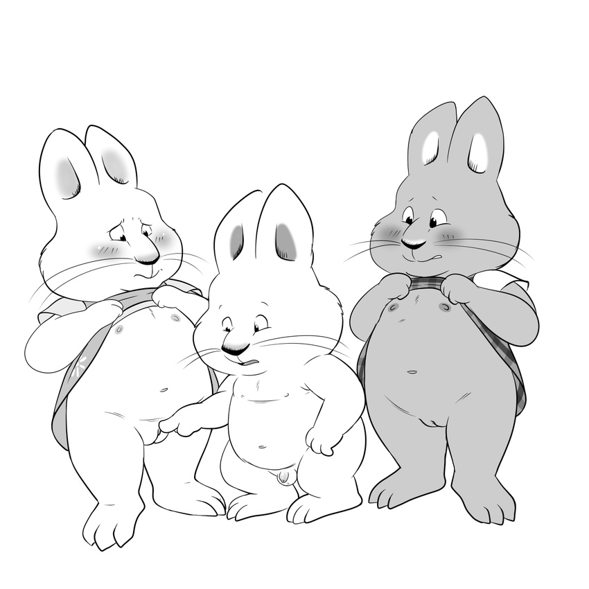2017 anthro balls blush clitoris clothed clothing cub curiosity curious cute female genital_exploration hi_res humanoid_penis lagomorph lonbluewolf louise male mammal max_(max_and_ruby) max_and_ruby monochrome nipples nude penis poking pussy rabbit ruby_(max_and_ruby) show_me_yours simple_background small_penis uncut young