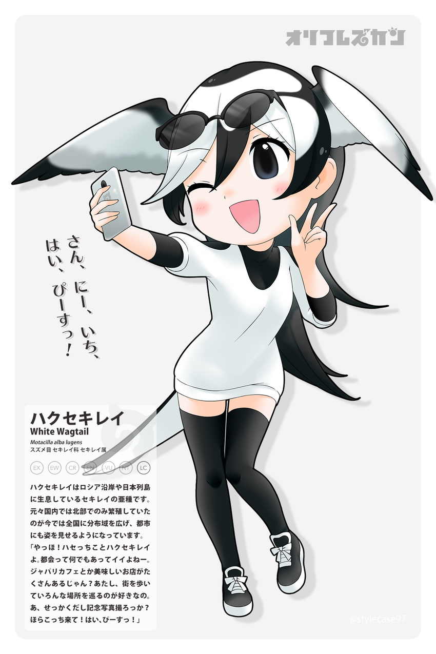 1girl black_hair blush cellphone character_name eyewear_on_head feathered_wings full_body highres japari_symbol kemono_friends long_hair multicolored_hair official_style one_eye_closed open_mouth original phone scientific_name self_shot smartphone solo stylecase thighhighs translation_request two-tone_hair white_hair white_wagtail white_wagtail_(kemono_friends) wings yoshizaki_mine_(style)
