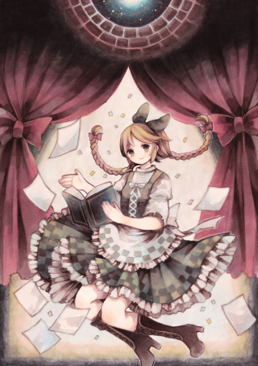 book boots bow braid brown_hair commentary_request curtains dress frills green_eyes hair_bow highres idoko long_hair marchen pages ribbon smile solo sound_horizon twin_braids wiriam07