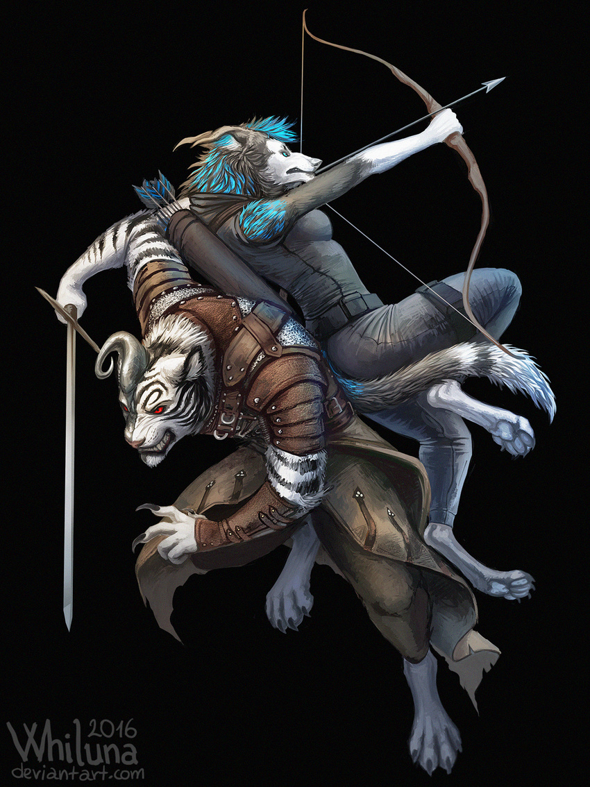 action_pose armor arrow battle blue_fur bow bracers canine chainmail cloak clothing duo feline female fur grey_fur hybrid male mammal melee_weapon pose quiver sword tiger weapon whiluna white_fur wolf