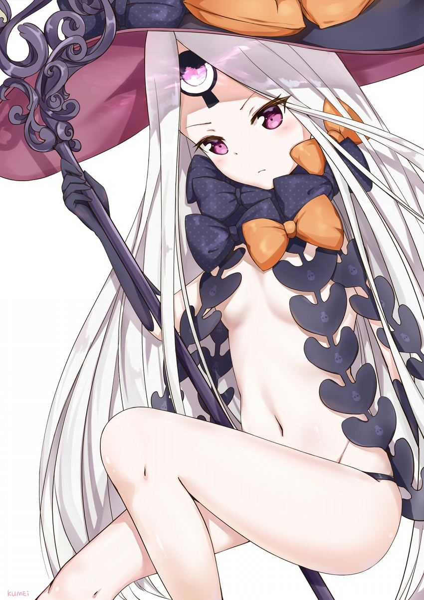 abigail_williams_(fate/grand_order) bangs black_bow black_gloves black_hat black_panties blush bow breasts closed_mouth commentary dutch_angle elbow_gloves fate/grand_order fate_(series) gloves hat highres holding holding_staff kumei long_hair looking_at_viewer navel orange_bow pale_skin panties parted_bangs polka_dot polka_dot_bow purple_eyes revealing_clothes simple_background sitting small_breasts solo staff topless underwear underwear_only very_long_hair white_background white_hair witch_hat