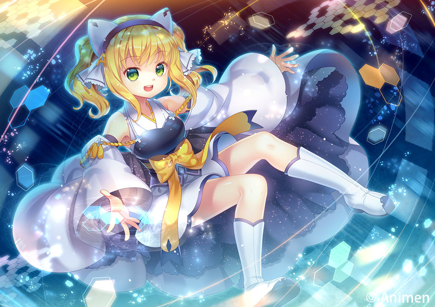 :d animen blonde_hair boots capura_lin detached_sleeves eco_(animen) green_eyes hairband holographic_interface japanese_clothes looking_at_viewer official_art open_mouth short_hair short_twintails smile solo twintails