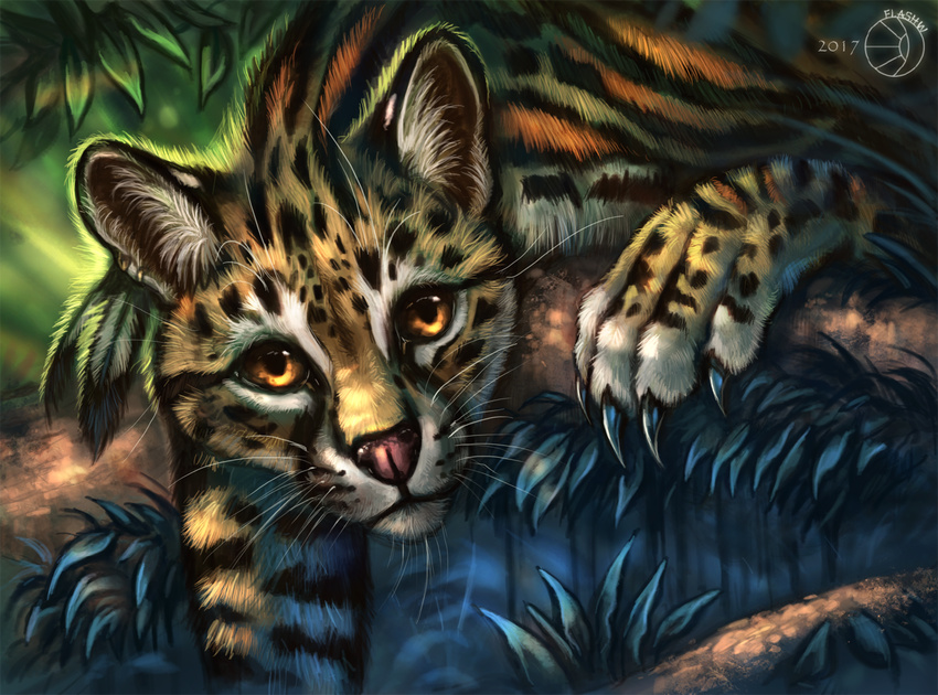 2017 amber_eyes ambiguous_gender claws day digital_media_(artwork) feline feral flashw forest fur mammal ocelot outside paws solo spots spotted_fur tree whiskers