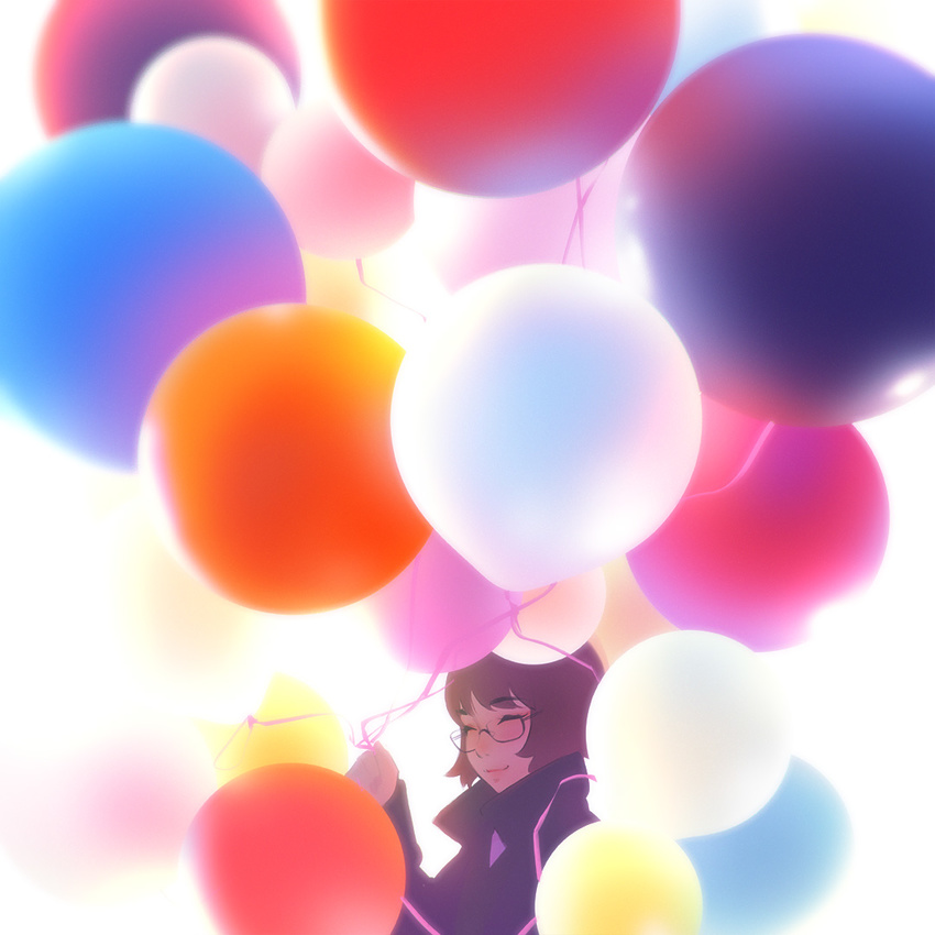 balloon brown_hair closed_eyes eyebrows_visible_through_hair glowing holding ilya_kuvshinov original semi-rimless_eyewear short_hair smile solo