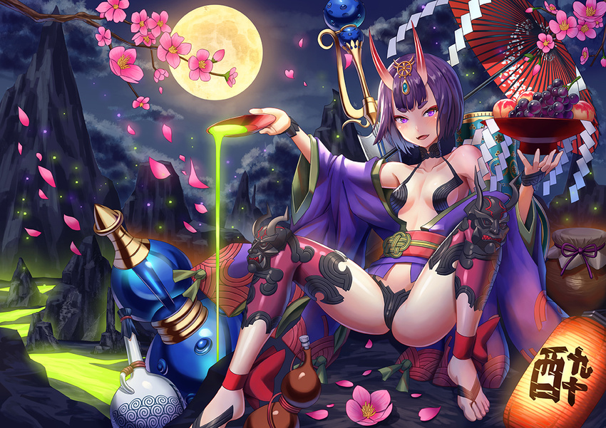 armpits bottle breasts cloud cloudy_sky collarbone commentary_request cup fangs fate/grand_order fate_(series) flower full_body full_moon hand_up horns japanese_clothes kimono lantern looking_at_viewer moon mountain night obi oni oni_horns open_mouth oriental_umbrella outdoors paper_lantern petals pink_flower pouring purple_eyes purple_hair purple_kimono revealing_clothes sakazuki sake_bottle sash shide short_hair shuten_douji_(fate/grand_order) sitting sky small_breasts smile solo spread_legs tako_seijin thick_eyebrows tsurime umbrella