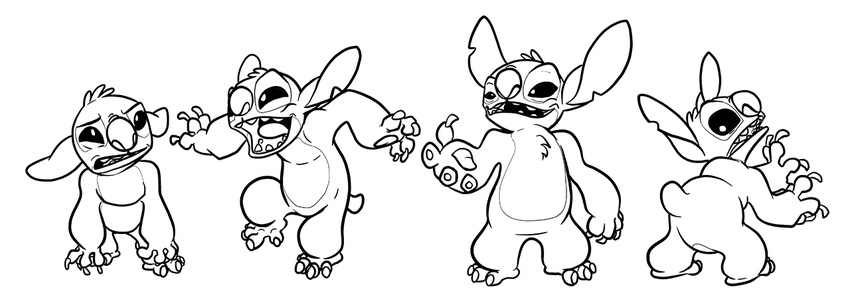 2014 4_fingers 4_toes alien bent_over black_and_white chest_tuft claws disney ears_back evil_grin experiment_(species) fur happy head_tuft lilo_and_stitch looking_back monochrome multiple_poses notched_ear open_mouth open_smile pose secoh2000 shocked simple_background small_tail smile squint standing stitch toes toony tuft white_background