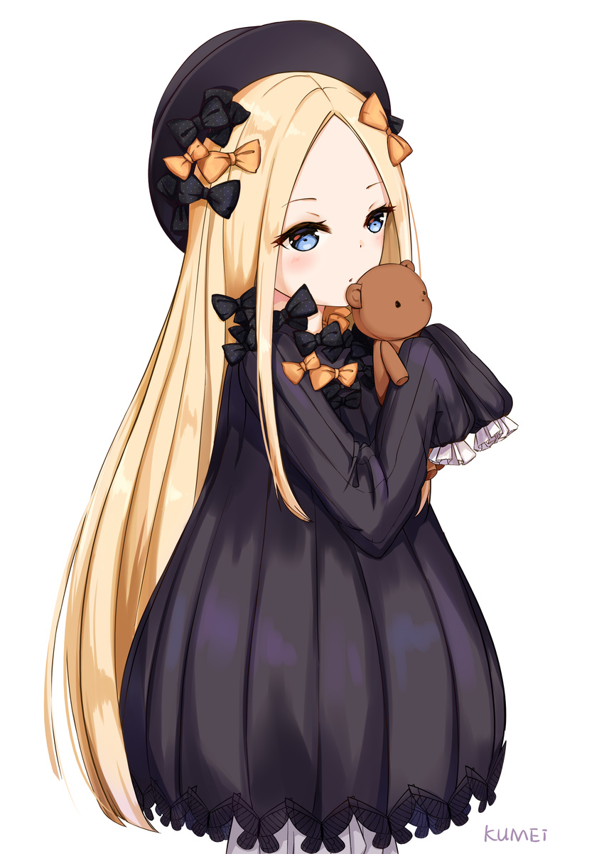 abigail_williams_(fate/grand_order) absurdres artist_name bangs black_bow black_dress black_hat blonde_hair bloomers blue_eyes blush bow bug butterfly dress eyebrows_visible_through_hair fate/grand_order fate_(series) forehead hair_bow hat highres insect kumei long_hair long_sleeves looking_at_viewer object_hug orange_bow parted_bangs parted_lips polka_dot polka_dot_bow simple_background sleeves_past_fingers sleeves_past_wrists solo stuffed_animal stuffed_toy teddy_bear underwear very_long_hair white_background white_bloomers