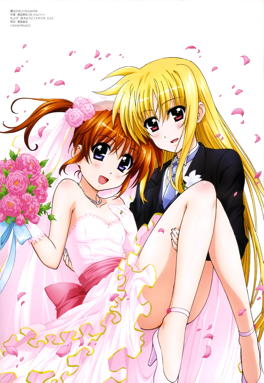 alternate_hairstyle blonde_hair bouquet brown_hair carry convenient_censoring couple fate_testarossa flower hair_ornament happy long_hair looking_at_viewer lyrical_nanoha mahou_shoujo_lyrical_nanoha marriage official_art petals pigtails princess_carry purple_eyes red_eyes short_hair simple_background smile suit takamachi_nanoha thighs tuxedo wedding_band wedding_dress wedding_ring white_background wife_and_wife young yuri
