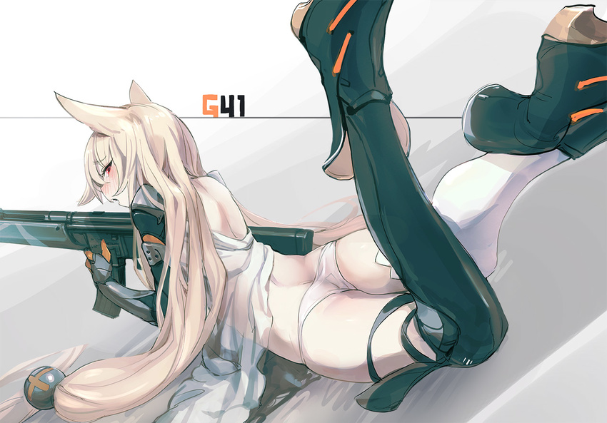 ass bangs bee_(deadflow) blonde_hair blush butt_crack character_name dutch_angle eyebrows_visible_through_hair flat_ass from_behind g41_(girls_frontline) girls_frontline gun h&amp;k_g41 hair_bobbles hair_ornament holding holding_gun holding_weapon long_hair looking_at_viewer looking_back lying mechanical_arms on_stomach open_mouth panties red_eyes rifle sidelocks single_thighhigh solo thighhighs thighs tsurime underwear very_long_hair weapon white_legwear white_panties