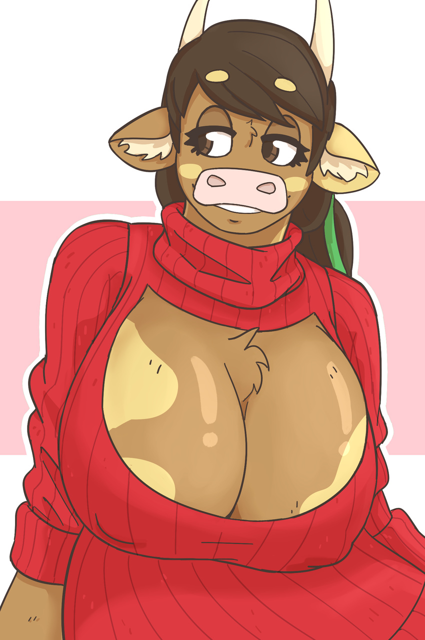 anthro big_breasts bovine breasts brown_eyes brown_hair cattle chest_tuft cleavage clothed clothing female hair horn huge_breasts mammal molly_(slightlysimian) nipple_bulge slightlysimian smile sweater tuft