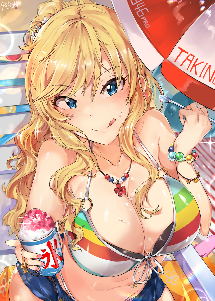:q absurdres bangs bare_arms bare_shoulders beach_umbrella bikini bikini_under_clothes blonde_hair blue_eyes blush bracelet breasts cleavage closed_mouth collarbone day deck_chair denim denim_shorts earrings eyebrows_visible_through_hair from_above front-tie_bikini front-tie_top head_tilt highres holding holding_spoon idolmaster idolmaster_cinderella_girls jewelry large_breasts lens_flare long_hair looking_at_viewer looking_up multicolored multicolored_bikini multicolored_clothes nail_polish navel necklace o-ring o-ring_bikini ootsuki_yui open_fly outdoors pearl_bracelet pendant pink_nails ponytail ribbon shaved_ice shiny shiny_hair shiny_skin short_shorts shorts sidelocks signature sitting smile solo spoon spoon_straw sweat swimsuit tongue tongue_out towel tuxedo_de_cat umbrella wavy_hair white_ribbon
