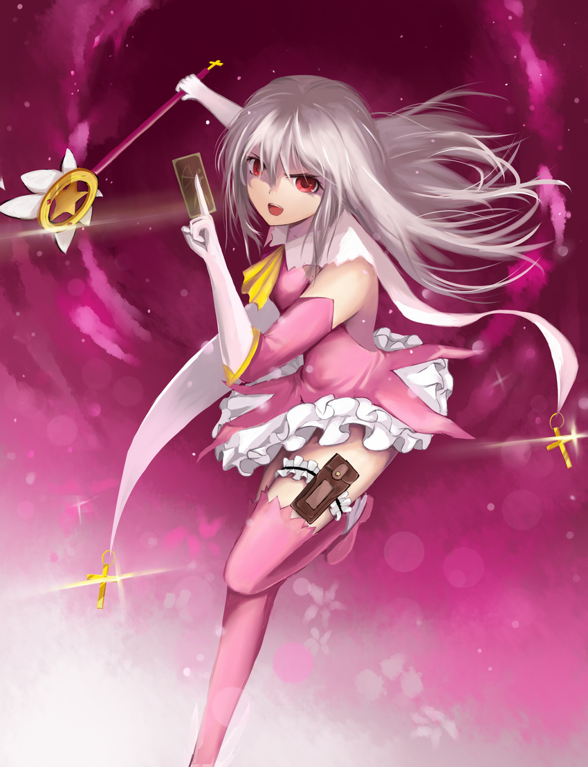 :d absurdres boots cape card commentary_request dress elbow_gloves fate/kaleid_liner_prisma_illya fate_(series) gloves hair_between_eyes highres holster huijin_zhi_ling illyasviel_von_einzbern kaleidostick leg_garter long_hair looking_at_viewer magical_girl magical_ruby open_mouth pink_dress pink_footwear pink_gloves prisma_illya red_eyes silver_hair smile solo thigh_boots thigh_holster thighhighs wand white_gloves