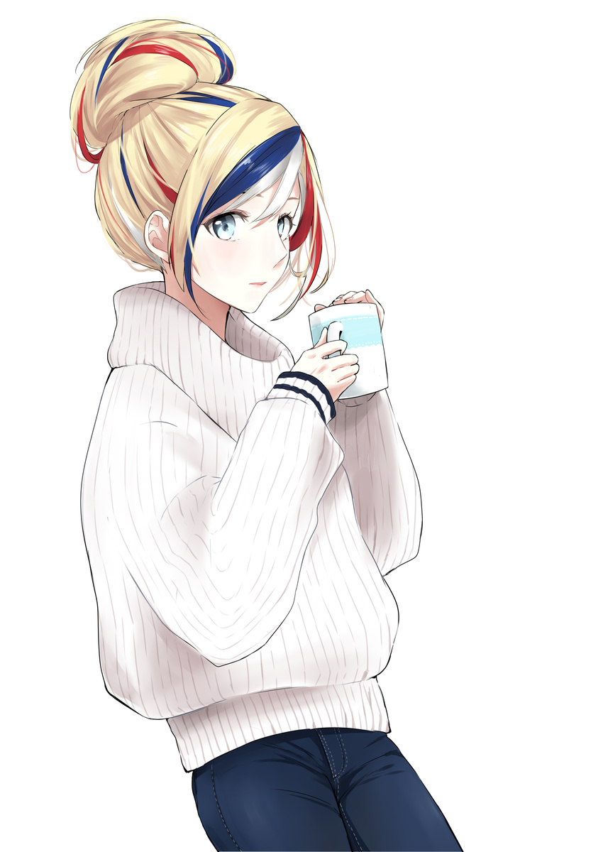 absurdres alternate_costume alternate_hairstyle blonde_hair blue_eyes blue_hair blush casual coffee_mug commandant_teste_(kantai_collection) cowboy_shot cup denim hair_bun highres holding holding_cup jeans kantai_collection long_hair long_sleeves looking_at_viewer morinaga_miki mug multicolored_hair pants parted_lips red_hair ribbed_sweater short_hair simple_background sleeves_past_wrists solo standing streaked_hair sweater tareme turtleneck turtleneck_sweater white_background white_hair white_sweater