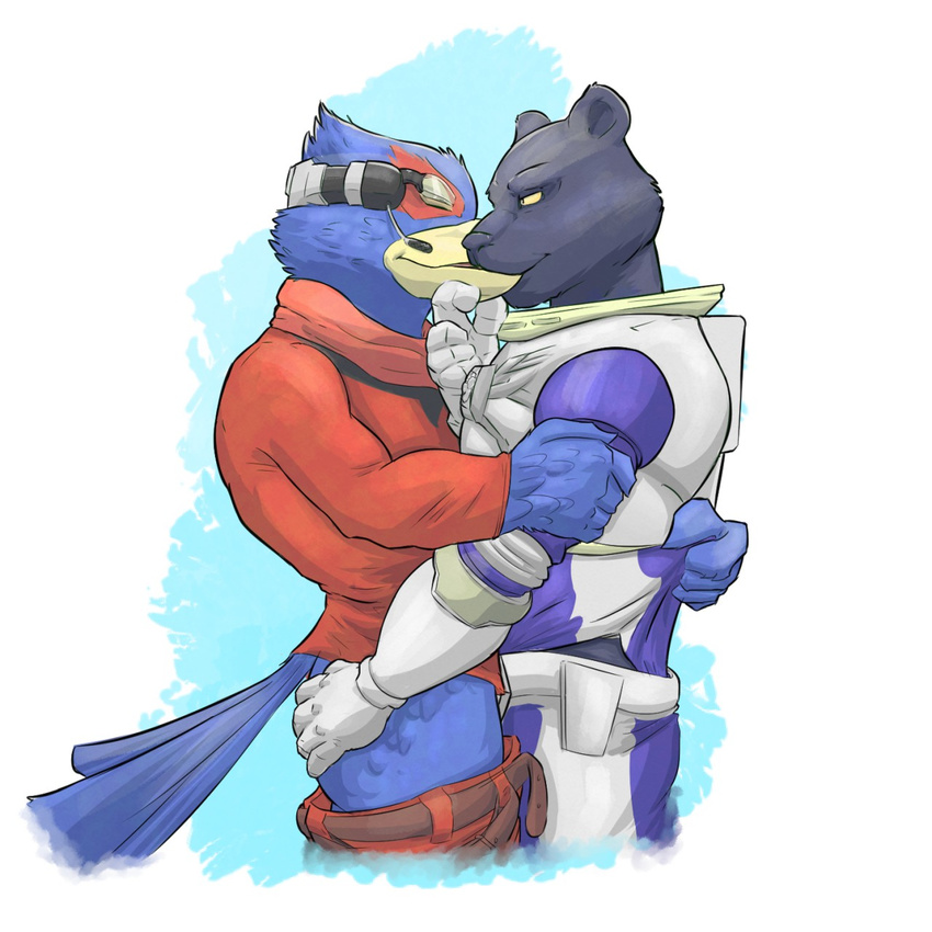 anthro avian bird butt butt_grab clothed clothing duo falco_lombardi feline fully_clothed grope hand_on_butt jazcabungcal kissing male male/male mammal muscular muscular_male nintendo panther panther_caroso pheasant seductive star_fox undressing video_games