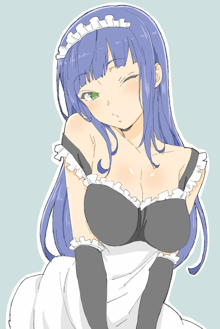 absurdres apron bangs bare_shoulders black_gloves blue_background blue_hair blunt_bangs blush breast_squeeze breasts cleavage closed_mouth contrapposto donguri_suzume elbow_gloves eyebrows_visible_through_hair gloves green_eyes highres large_breasts long_hair looking_at_viewer maid maid_apron maid_headdress one_eye_closed original simple_background solo standing upper_body