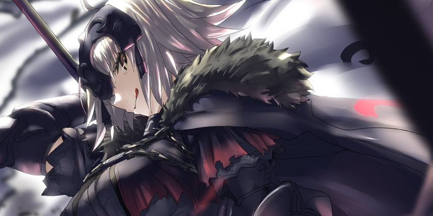 armor armored_dress chain fate/grand_order fate_(series) fur_trim headpiece highres jeanne_d'arc_(alter)_(fate) jeanne_d'arc_(fate)_(all) profile short_hair tongue tongue_out tsuuhan upper_body