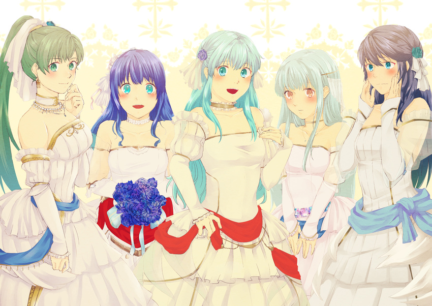 blue_eyes blue_hair blush bouquet breasts bridal_veil bride dress eirika elbow_gloves embarrassed fingerless_gloves fire_emblem fire_emblem:_kakusei fire_emblem:_monshou_no_nazo fire_emblem:_rekka_no_ken fire_emblem:_seima_no_kouseki fire_emblem_heroes flower formal gloves green_hair highres jewelry long_hair looking_at_viewer lucina lyndis_(fire_emblem) mamkute multiple_girls necklace ninian nishimura_(nianiamu) open_mouth pegasus_knight ponytail red_eyes rose sheeda smile strapless strapless_dress tiara veil wedding wedding_dress white_dress white_gloves