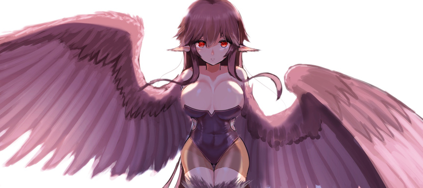 absurdres animal_ears bare_shoulders bike_shorts breasts closed_mouth commentary_request covered_navel cowboy_shot feathers hair_between_eyes harpy highres kawasumi_(tk2k_jade) large_breasts leotard long_hair looking_at_viewer monster_girl original pointy_ears purple_hair purple_leotard red_eyes simple_background solo white_background