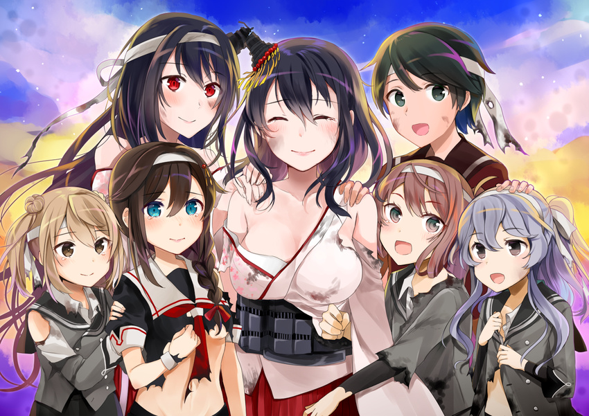 :d ^_^ arm_at_side asagumo_(kantai_collection) bangs bare_shoulders black_hair black_serafuku black_shirt blue_eyes blush braid breasts brown_eyes brown_hair burnt_clothes cleavage clenched_hand closed_eyes closed_mouth cloud cloudy_sky collarbone detached_sleeves dirty_face double_bun eyebrows_visible_through_hair facing_viewer floral_print fusou_(kantai_collection) green_eyes green_hair hair_between_eyes hair_flaps hair_ornament hair_over_shoulder hair_ribbon hairband hairpin hand_on_another's_head hand_on_another's_shoulder happy_tears headband headgear height_difference hug japanese_clothes kantai_collection kimono large_breasts lavender_hair light_particles long_hair long_sleeves looking_at_viewer michishio_(kantai_collection) mogami_(kantai_collection) multiple_girls navel neckerchief no_bra open_clothes open_mouth own_hands_together ponytail red_eyes red_neckwear red_ribbon remodel_(kantai_collection) ribbon school_uniform serafuku shigure_(kantai_collection) shirt short_hair short_sleeves sidelocks single_braid sky small_breasts smile stomach swept_bangs tareme tears torn_clothes torn_kimono torn_shirt torn_sleeves two_side_up unbuttoned underboob white_hairband white_kimono yamagumo_(kantai_collection) yamashiro_(kantai_collection) yunamaro