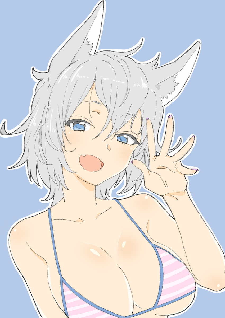 :d absurdres animal_ears bare_arms bare_shoulders bikini blue_background blue_eyes blush breasts donguri_suzume eyebrows_visible_through_hair fang fingernails hair_between_eyes hand_up highres large_breasts looking_at_viewer nail_polish open_mouth original purple_nails short_hair silver_hair simple_background smile solo striped striped_bikini swimsuit upper_body waving