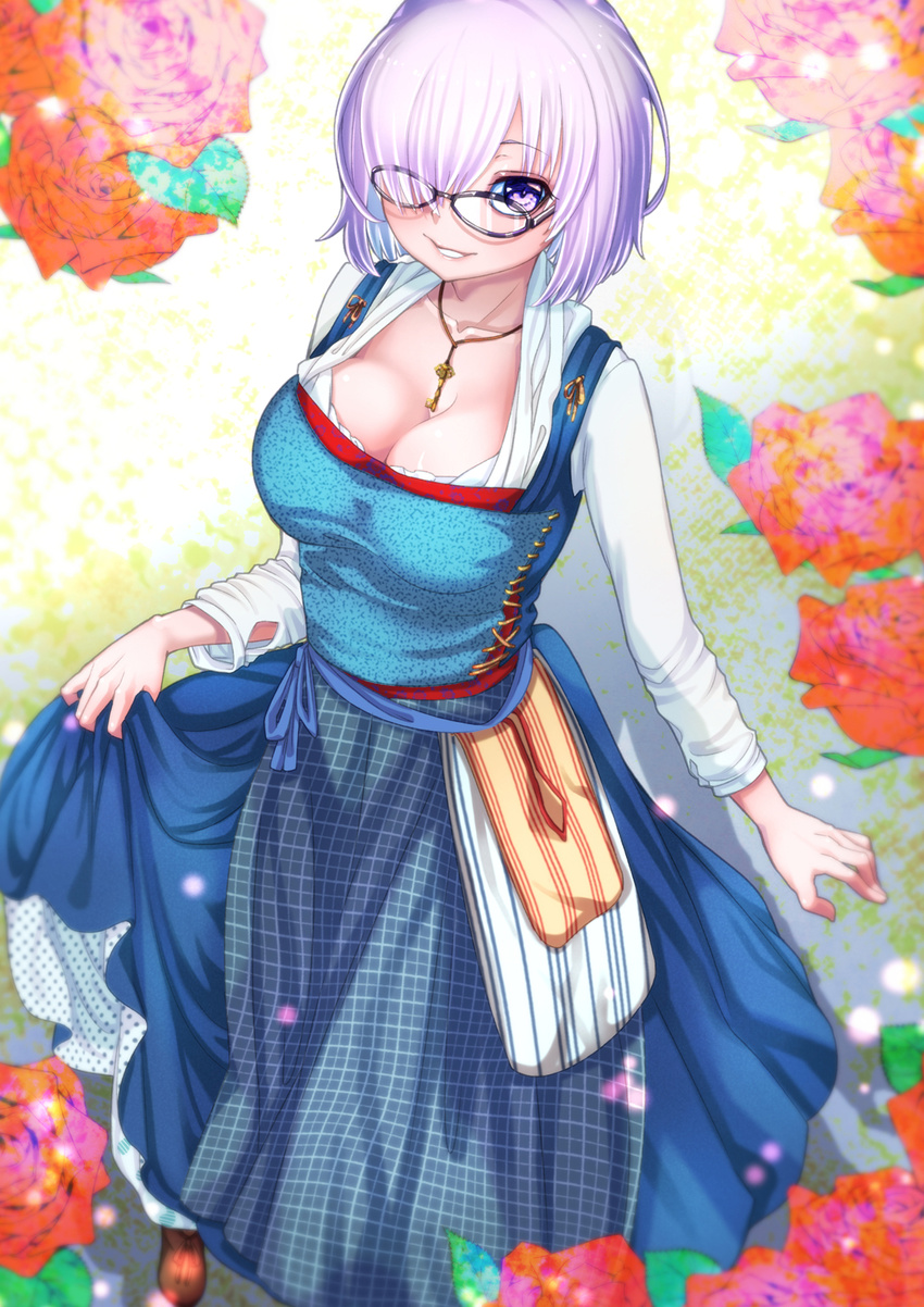 blue-spinel blue_dress blue_skirt breasts brown_footwear cleavage dress fate/grand_order fate_(series) flower glasses hair_over_one_eye highres key key_necklace large_breasts looking_at_viewer mash_kyrielight purple_eyes purple_hair short_hair skirt skirt_hold solo standing
