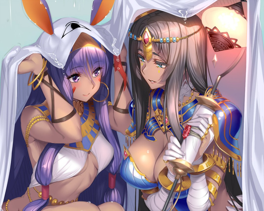 animal_ears arm_wrap armlet bangs bed_sheet belly_chain black_hair blue_armor blush bracelet breastplate breasts bridal_gauntlets chain circlet cleavage commentary_request dark_skin detached_collar earrings egyptian egyptian_clothes facepaint facial_mark fate/grand_order fate_(series) forehead_jewel green_eyes hairband hands_up hoop_earrings jewelry lantern large_breasts long_hair looking_at_another medium_breasts multiple_girls nitocris_(fate/grand_order) nitocris_(swimsuit_assassin)_(fate) parted_bangs parted_lips pauldrons piromizu purple_eyes purple_hair rain ring scheherazade_(fate/grand_order) scroll sidelocks smile squatting staff swimsuit usekh_collar very_long_hair white_swimsuit