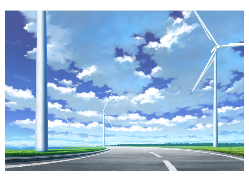 cloud cloudy_sky commentary_request day grass hariken highres lake nature no_humans original outdoors revision road scenery sky water wind_turbine windmill