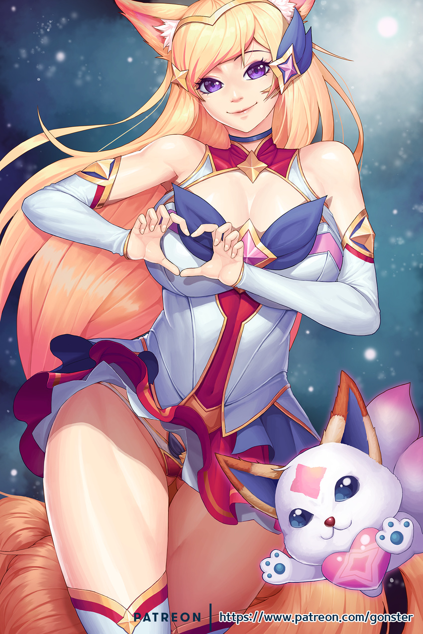 ahri animal_ears ass_visible_through_thighs bangs bare_shoulders blonde_hair breasts choker cleavage covered_navel detached_sleeves familiar fox_ears fox_girl fox_tail gonster hair_ornament heart heart_hands highres jewelry large_breasts league_of_legends long_hair looking_at_viewer magical_girl miniskirt panties pantyshot pink_lips purple_eyes skirt smile solo star_guardian_ahri swept_bangs tail thigh_gap thighhighs tiara underwear very_long_hair wind wind_lift