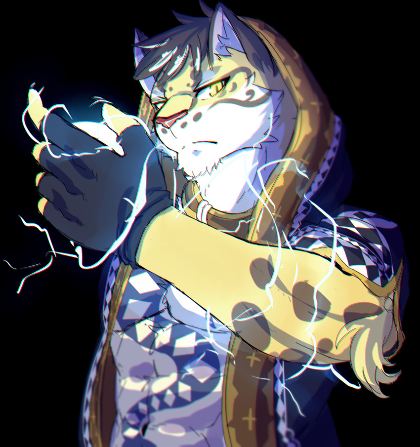 2017 5_fingers abs anaglyph anthro black_hair chest_tuft clothed clothing depth_of_field electricity feline fingerless_gloves fur gloves hair hi_res hoodie inner_ear_fluff leopard likulau looking_at_viewer male mammal muscular nekojishi red_nose serious solo soraa spots spotted_fur stereogram tattoo tuft yellow_eyes yellow_fur