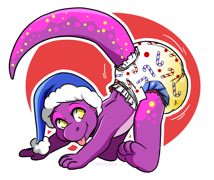 4_toes candy candy_cane christmas cute diaper dinosaur food hat holidays inflatable purple_skin smile soggy theropod toes tongue tongue_out tropicana tyrannosaurus_rex urine wet yellow_eyes