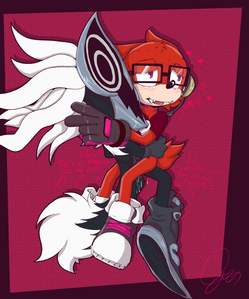 amazinggwen anthro anthro_on_anthro blush canine clothing cum cum_drip cum_in_pussy cum_inside custom_character_(sonic_forces) dialogue dirty_talk dripping eyewear fangs female footwear fur glasses gloves hi_res holding_(disambiguation) infinite_(sonic) jackal male male/female mammal nude penetration sex sharp_teeth shoes sonic_(series) sonic_forces teeth tongue tongue_out vaginal vaginal_penetration video_games wolf