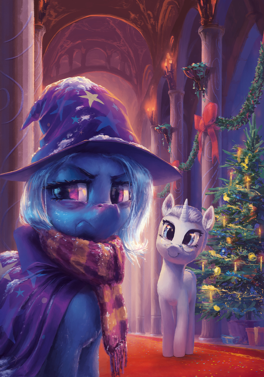 absurd_res blue_eyes blue_hair candle cape carpet christmas christmas_tree clothing detailed_background equine eyebrows eyelashes eyewear fan_character female friendship_is_magic frown garland gift glasses hair hallway hat hi_res holidays horn hunternif ill inside j2016 light looking_at_viewer makeup mammal mascara my_little_pony purple_eyes ribbons sad scarf short_hair smile snow star striped_scarf stripes tree trixie_(mlp) unicorn white_hair