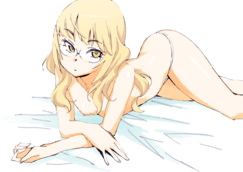 bad_id bad_pixiv_id bed blonde_hair brown_eyes glasses highres katou_haruaki long_hair lying panties perrine_h_clostermann solo strike_witches topless underwear world_witches_series
