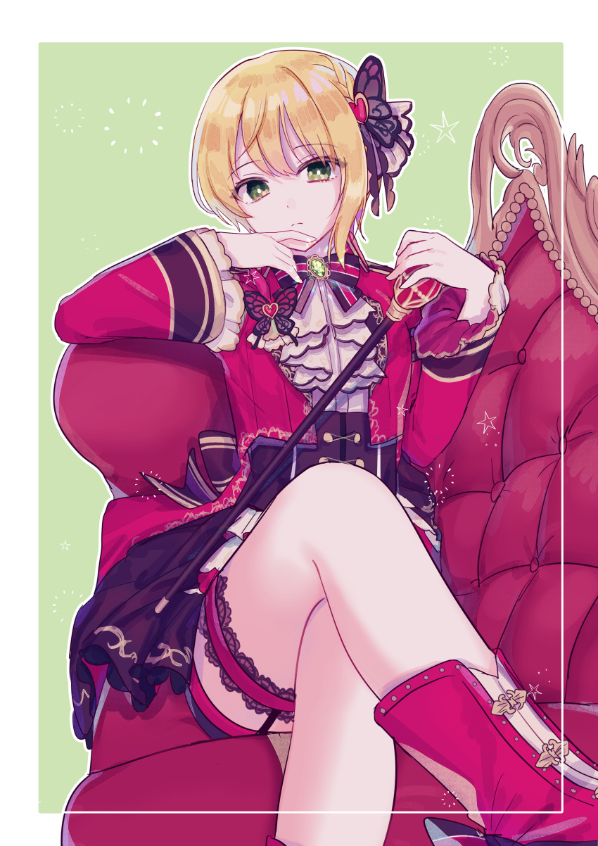 1girl absurdres bangs black_skirt blonde_hair boots butterfly_hair_ornament commentary_request eyebrows_visible_through_hair green_background green_eyes hair_between_eyes hair_ornament hands_up head_tilt heart highres idolmaster idolmaster_cinderella_girls idolmaster_cinderella_girls_starlight_stage jacket legs_crossed long_sleeves miyamoto_frederica pleated_skirt poyo_(shwjdddms249) red_footwear red_jacket sidelocks sitting skirt solo star two-tone_background underbust white_background wide_sleeves