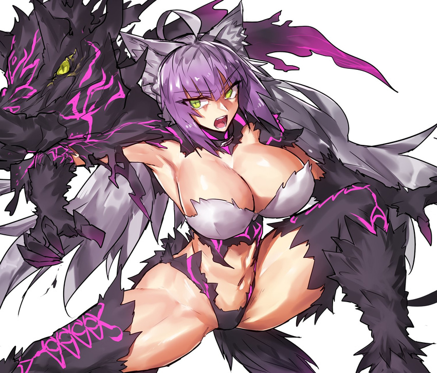 animal_humanoid archer_of_red big_breasts black_fur bra breasts cat_humanoid claws clothed clothing fate/apocrypha fate_(series) feline female fur gloves_(marking) green_eyes hair humanoid legwear long_hair mammal markings melon22 navel open_mouth panties purple_hair slit_pupils solo teeth thigh_highs underwear yellow_eyes