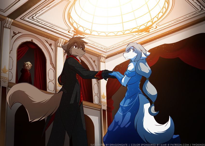 2017 anthro balcony bare_shoulders brown_eyes brown_fur brown_hair canine clothed clothing clovis_(twokinds) curtains dancing dome dress duo_focus evening_gown female fox fur gloves glowing glowing_eyes grey_hair group hair hall hand_holding hi_res hybrid inside keidran male mammal ponytail raine_(twokinds) shoulder_tuft smile stalking tom_fischbach tuxedo twokinds webcomic white_fur wolf zen_(twokinds)
