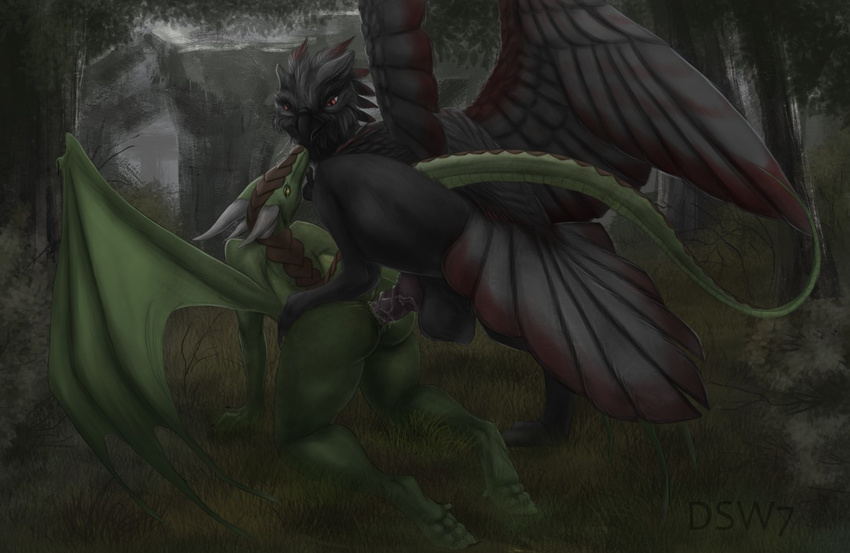 2017 ambiguous_gender anthro avian day detailed_background digital_media_(artwork) dragon dsw7 feathered_wings feathers feral gryphon horn male outside sex wings